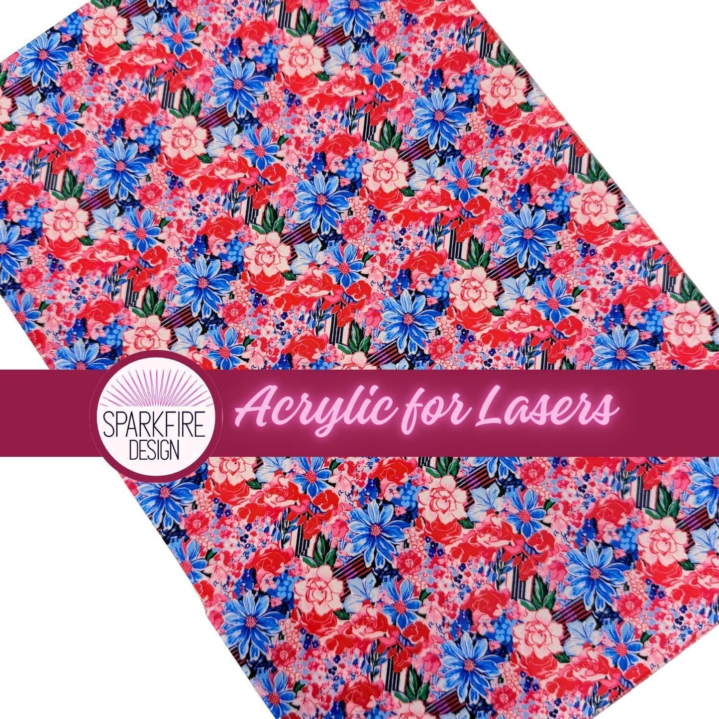 Patterned Acrylic Sheet - 12x8 Clear Cast Acrylic Panel | Preppy Floral 4th Of July Design Patterned Cast Acrylic, Flex and Wood for Lasers