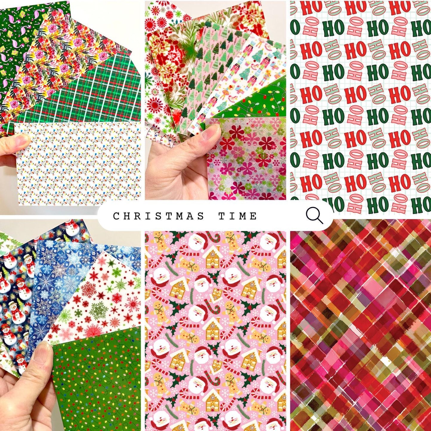 The image is a collage of various Christmas-themed patterns and designs, including a hand holding a collection of colorful and festive paper or fabric items.