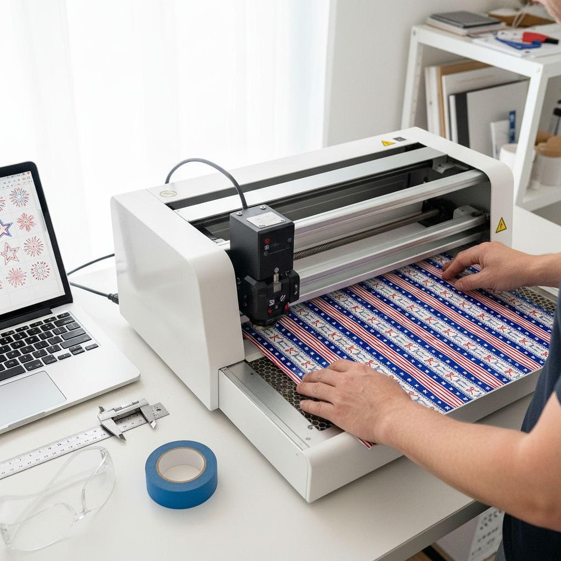 A person is using a cutting machine to create a patterned fabric, with a laptop and other tools on a desk in the background.