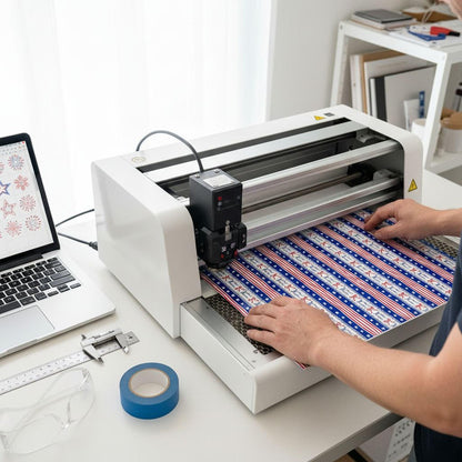 A person is using a cutting machine to create a patterned fabric, with a laptop and other tools on a desk in the background.
