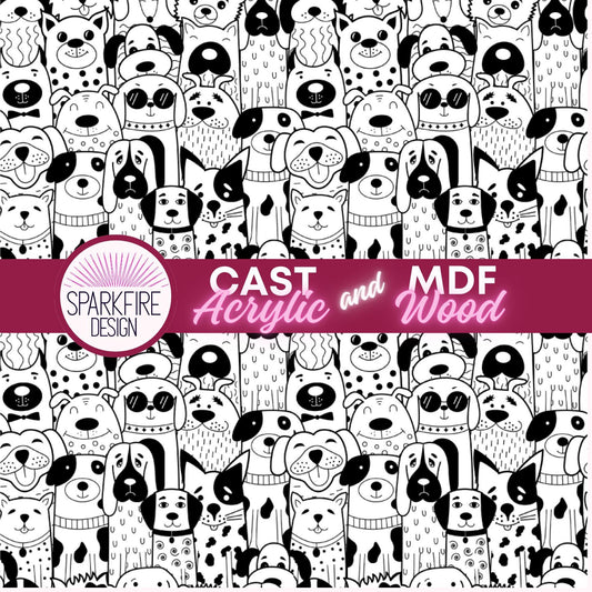 Black and White Dogs Patterned Cast Acrylic, Flex and Wood for Lasers
