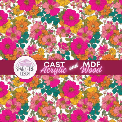 Pink and Orange Flowers Patterned Cast Acrylic, Flex and Wood for Lasers
