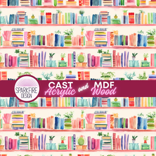 Booklover Pastel Bookshelves Patterned Cast Acrylic, Flex and Wood for Lasers