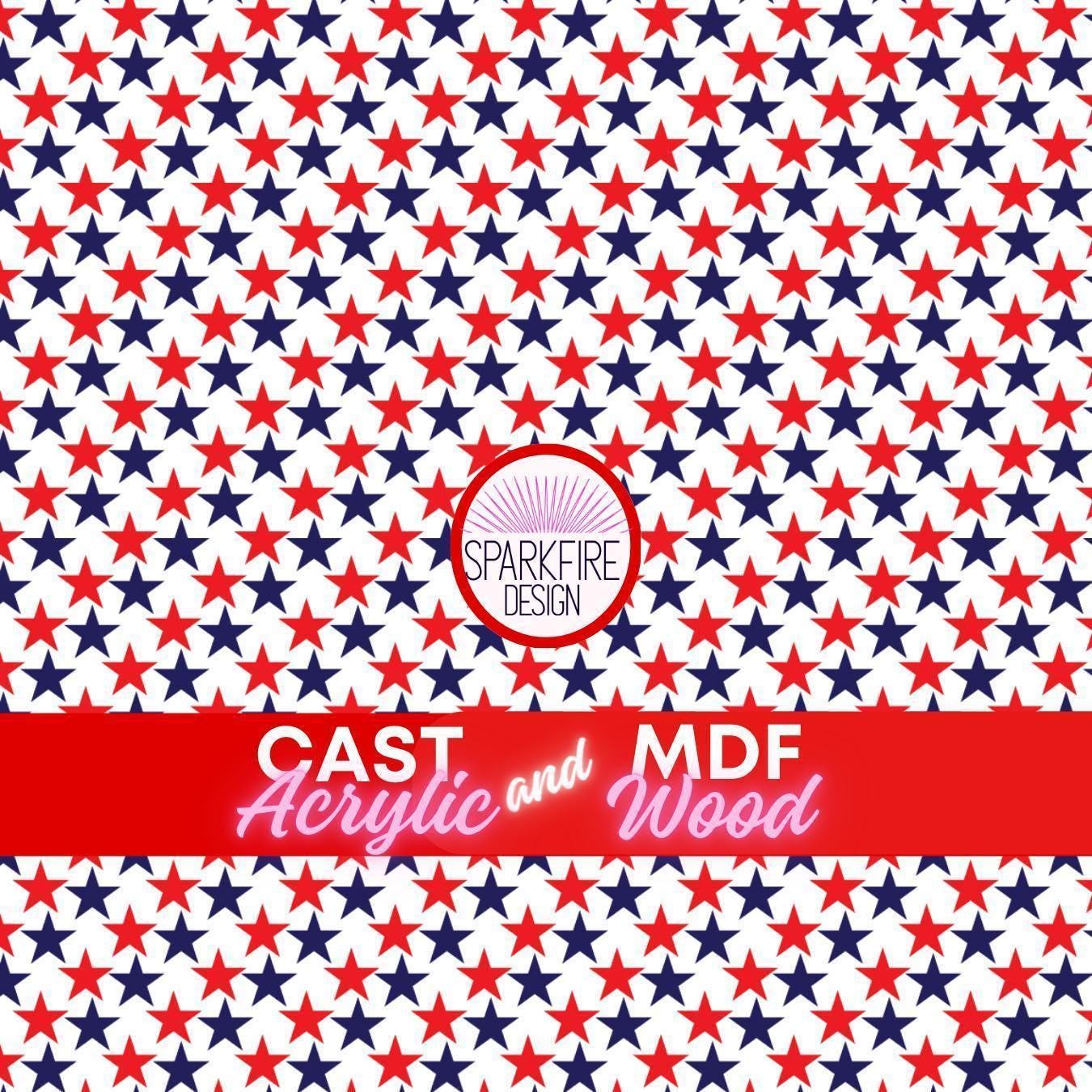 Red, White and Blue Stars Patterned acrylic sheet for laser cutting. The pattern is patriotic, 4th of July, and patriotic.
