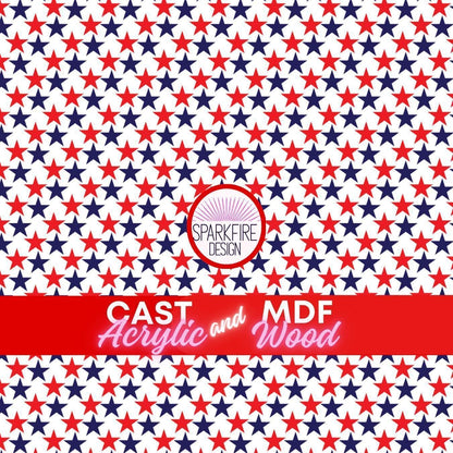 Red, White and Blue Stars Patterned acrylic sheet for laser cutting. The pattern is patriotic, 4th of July, and patriotic.
