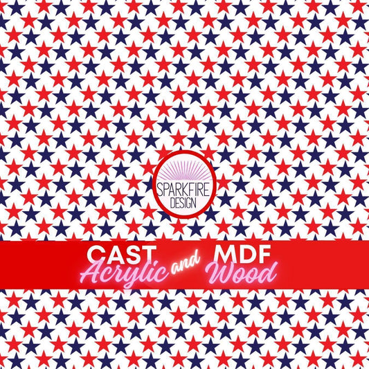 Red, White and Blue Stars Patterned acrylic sheet for laser cutting. The pattern is patriotic, 4th of July, and patriotic.
