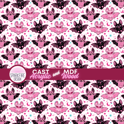 Halloween Pink Bats Patterned Cast Acrylic, Flex and Wood for Lasers