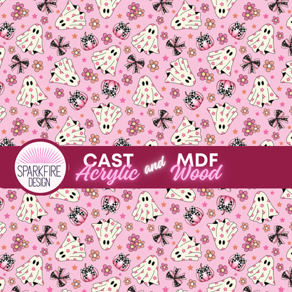 Halloween Pink Coquette Ghosts Patterned Cast Acrylic, Flex and Wood for Lasers