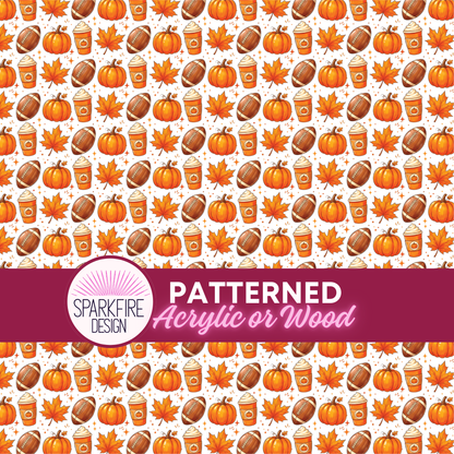 Fall Pumpkins Football and Coffee Patterned Cast Acrylic, Flex and Wood for Lasers