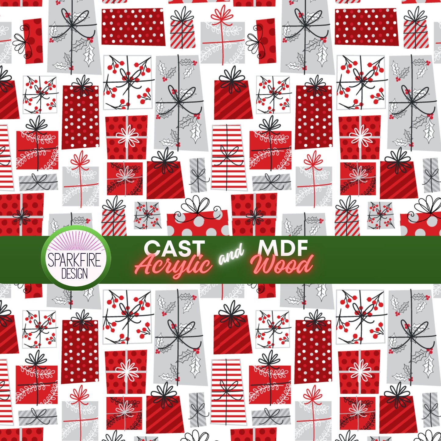 Christmas Gift Patterned Acrylic Sheets – Red Laser Cut Acrylic & MDF Wood Sheets for Jewelry & Cup Toppers