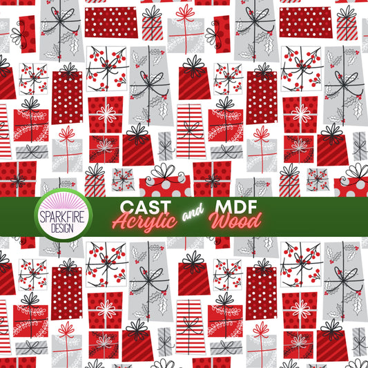 Christmas Gift Patterned Acrylic Sheets – Red Laser Cut Acrylic & MDF Wood Sheets for Jewelry & Cup Toppers