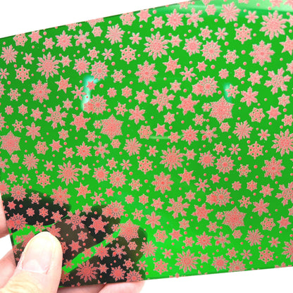 Red Snowflakes on Transparent Green Acrylic  for Lasers, Patterned Acrylic, Acrylic for Jewelry and Cup Toppers