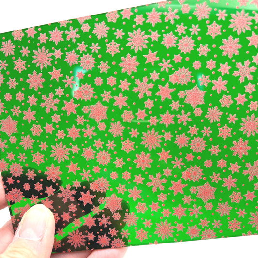 Red Snowflakes on Transparent Green Acrylic  for Lasers, Patterned Acrylic, Acrylic for Jewelry and Cup Toppers