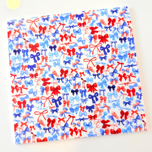Red, White and Blue Bows Patterned acrylic sheet for laser cutting. The pattern is patriotic, 4th of July, and patriotic.