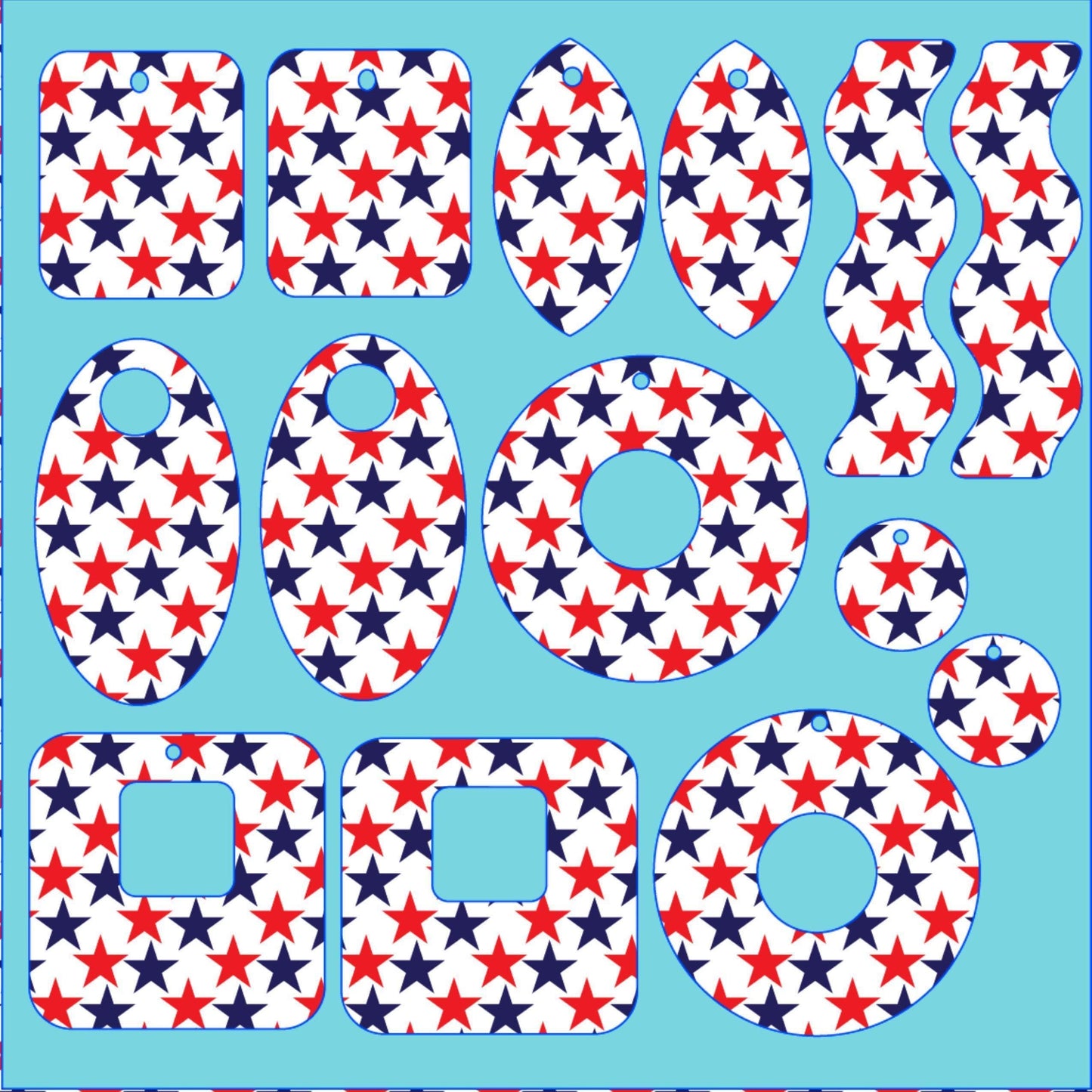 Blue and Red Stars Patterned Cast Acrylic, Flex and Wood for Lasers