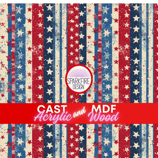 Red, White and Blue Patterned acrylic sheet for laser cutting. The pattern is patriotic, 4th of July, and patriotic.