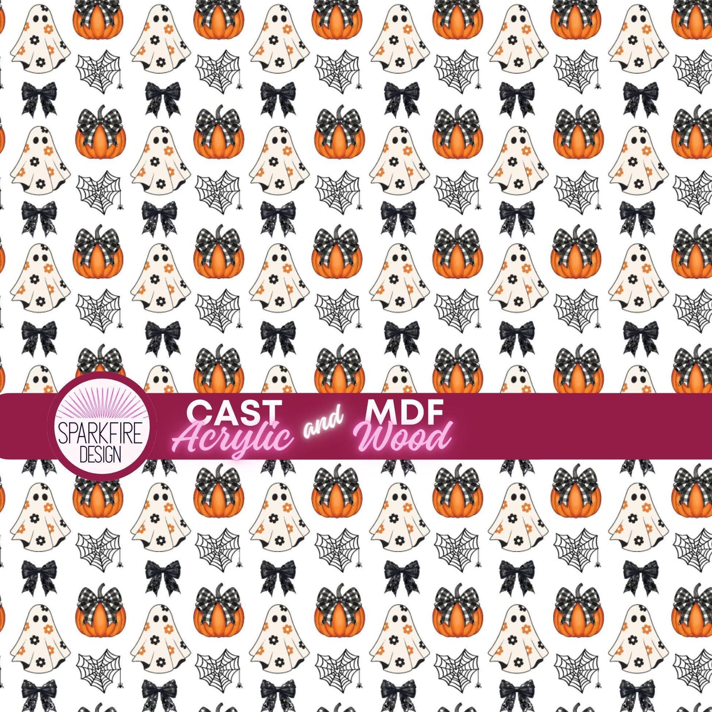 Coquette Halloween Pumpkins and Bows Patterned Cast Acrylic, Flex and Wood for Lasers
