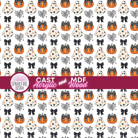 Coquette Halloween Pumpkins and Bows Patterned Cast Acrylic, Flex and Wood for Lasers