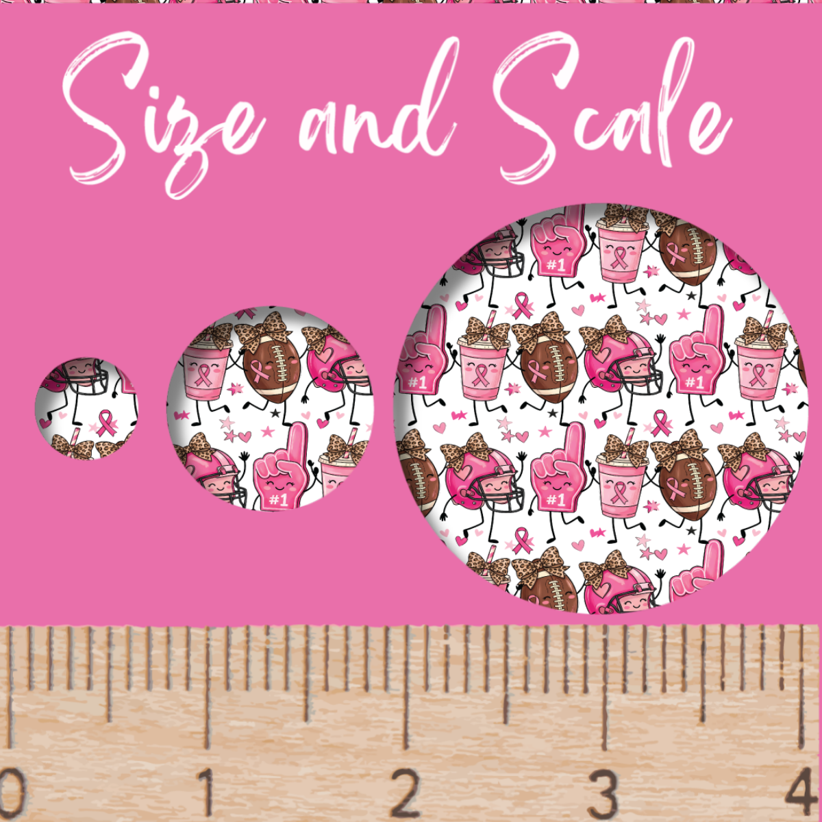 The image is a pink background with a ruler and a smaller circle of the same pink background, featuring a repeating pattern of pink and white cartoon characters.