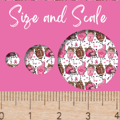 The image is a pink background with a ruler and a smaller circle of the same pink background, featuring a repeating pattern of pink and white cartoon characters.