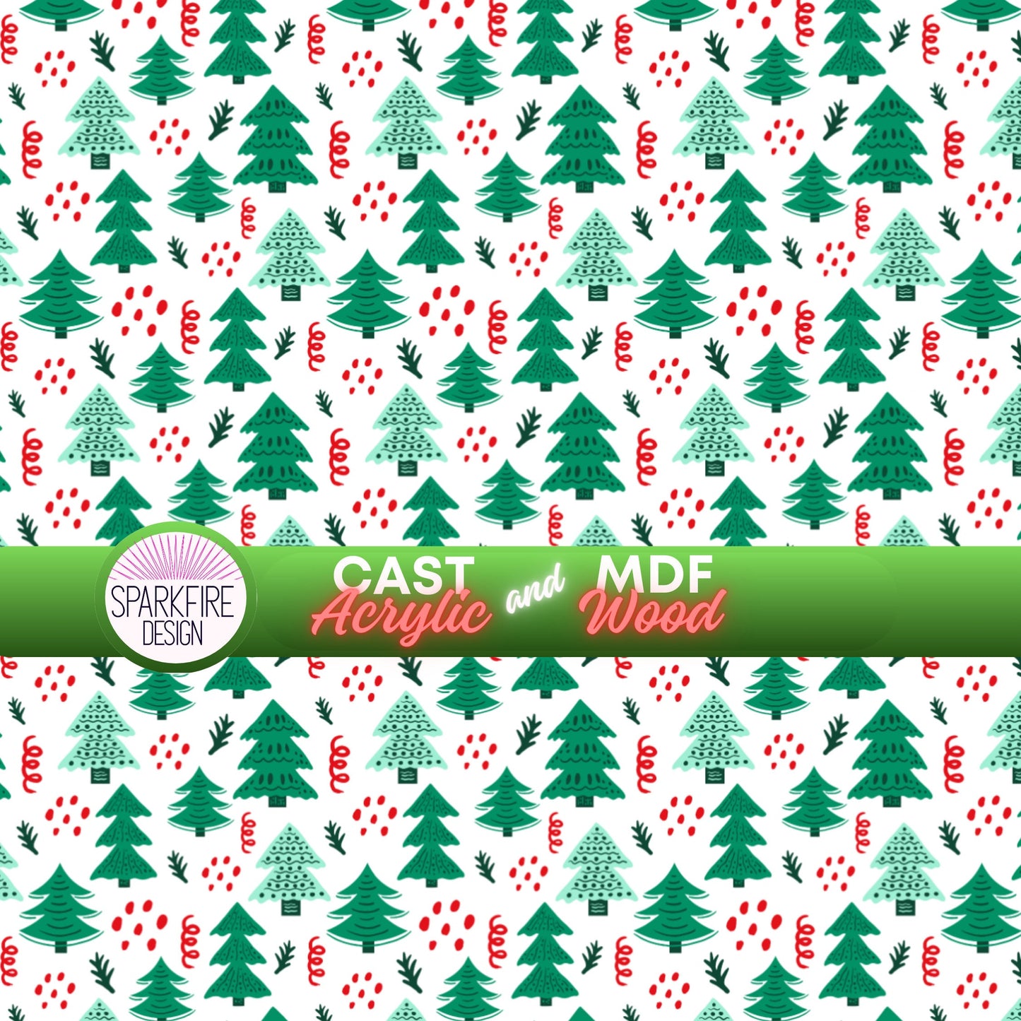 a white background with green and red christmas trees