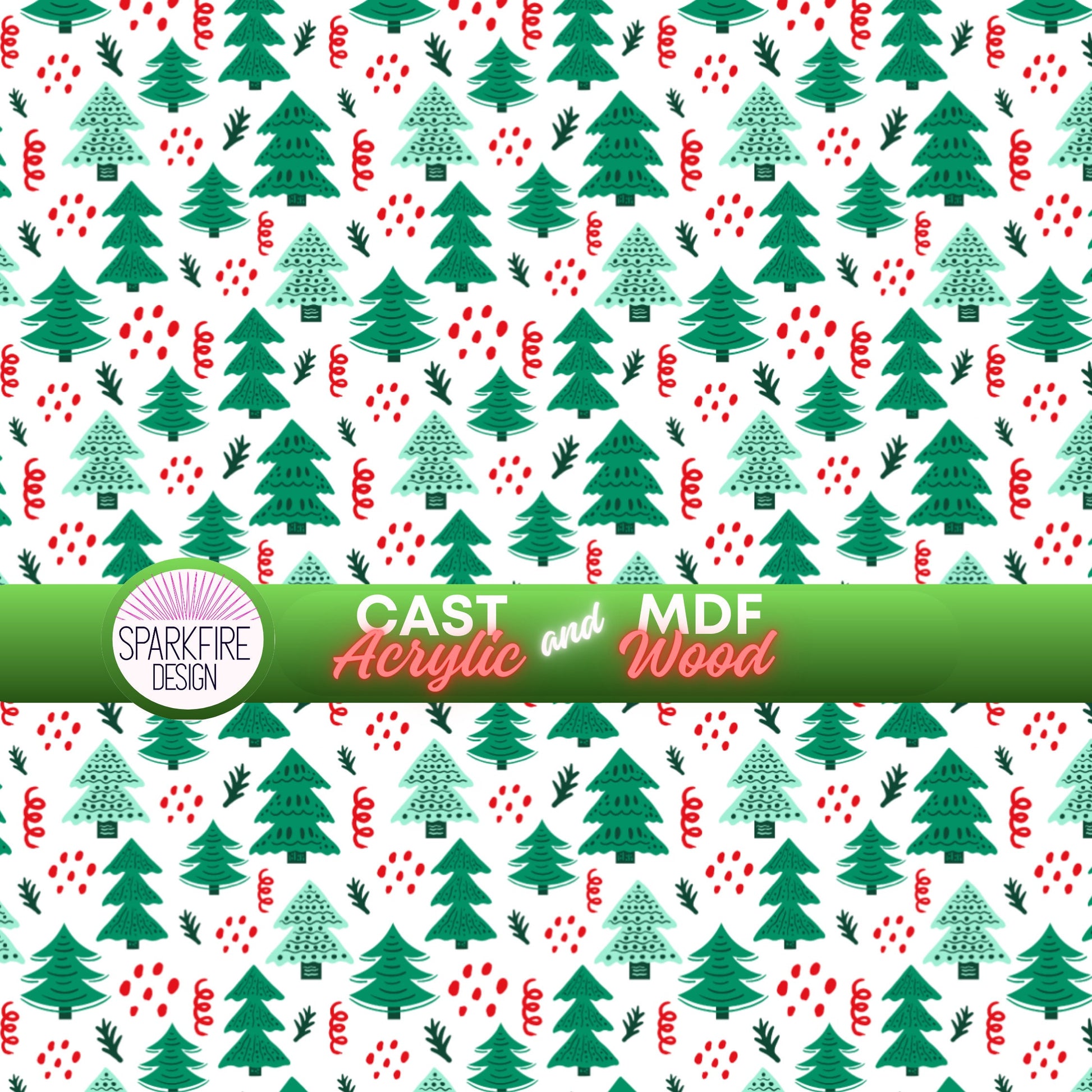 a white background with green and red christmas trees