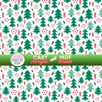 a white background with green and red christmas trees