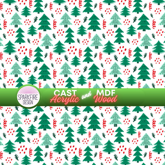 a white background with green and red christmas trees