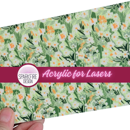 Green Floral Acrylic Sheet - Printed UV Patterned White Core for Laser Cutting Jewelry Patterned Cast Acrylic, Flex and Wood for Lasers