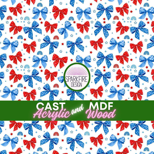 Red, White and Blue Bow Preppy Patterned acrylic sheet for laser cutting. The pattern is patriotic, 4th of July, and patriotic.