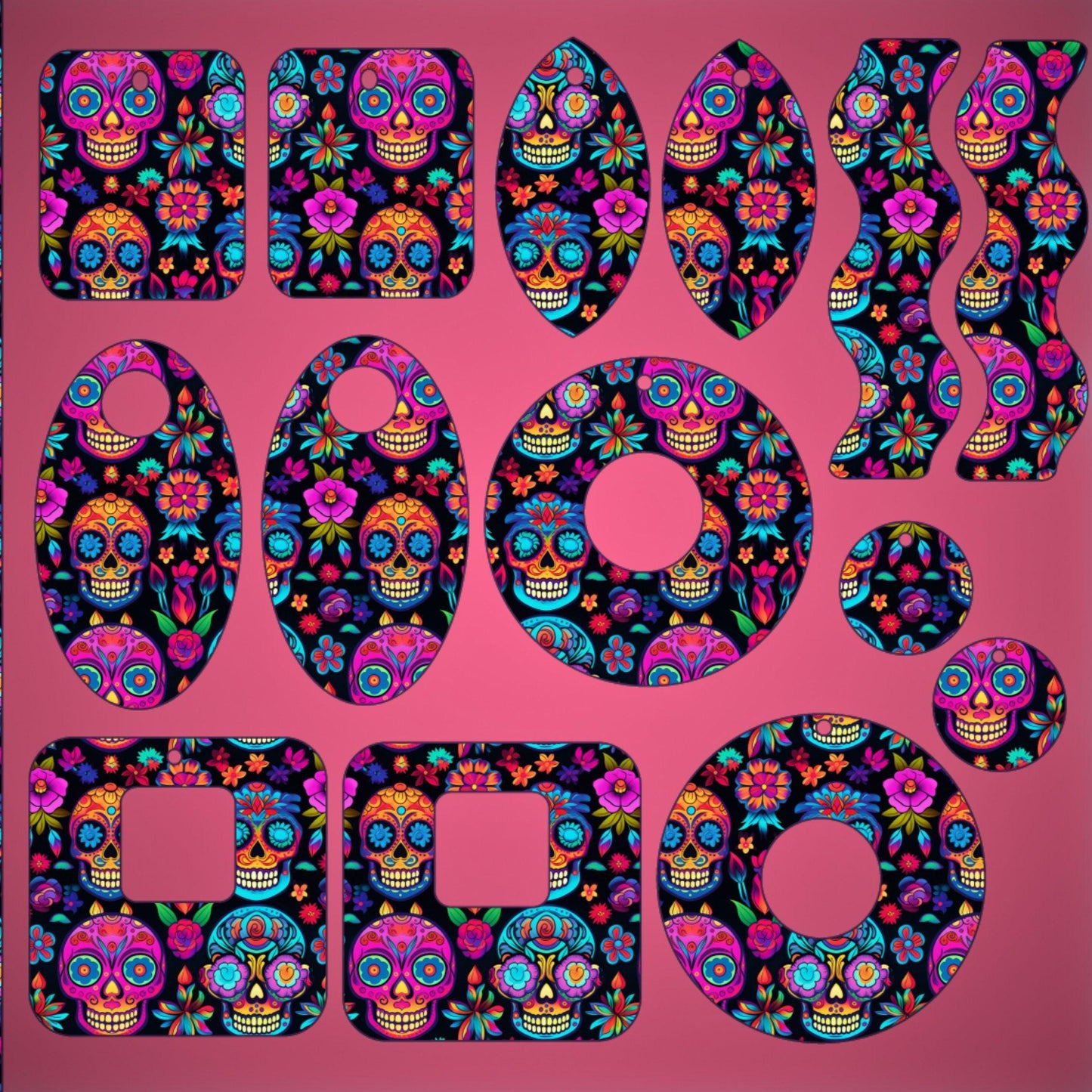 a pink background with a pattern of skulls and flowers