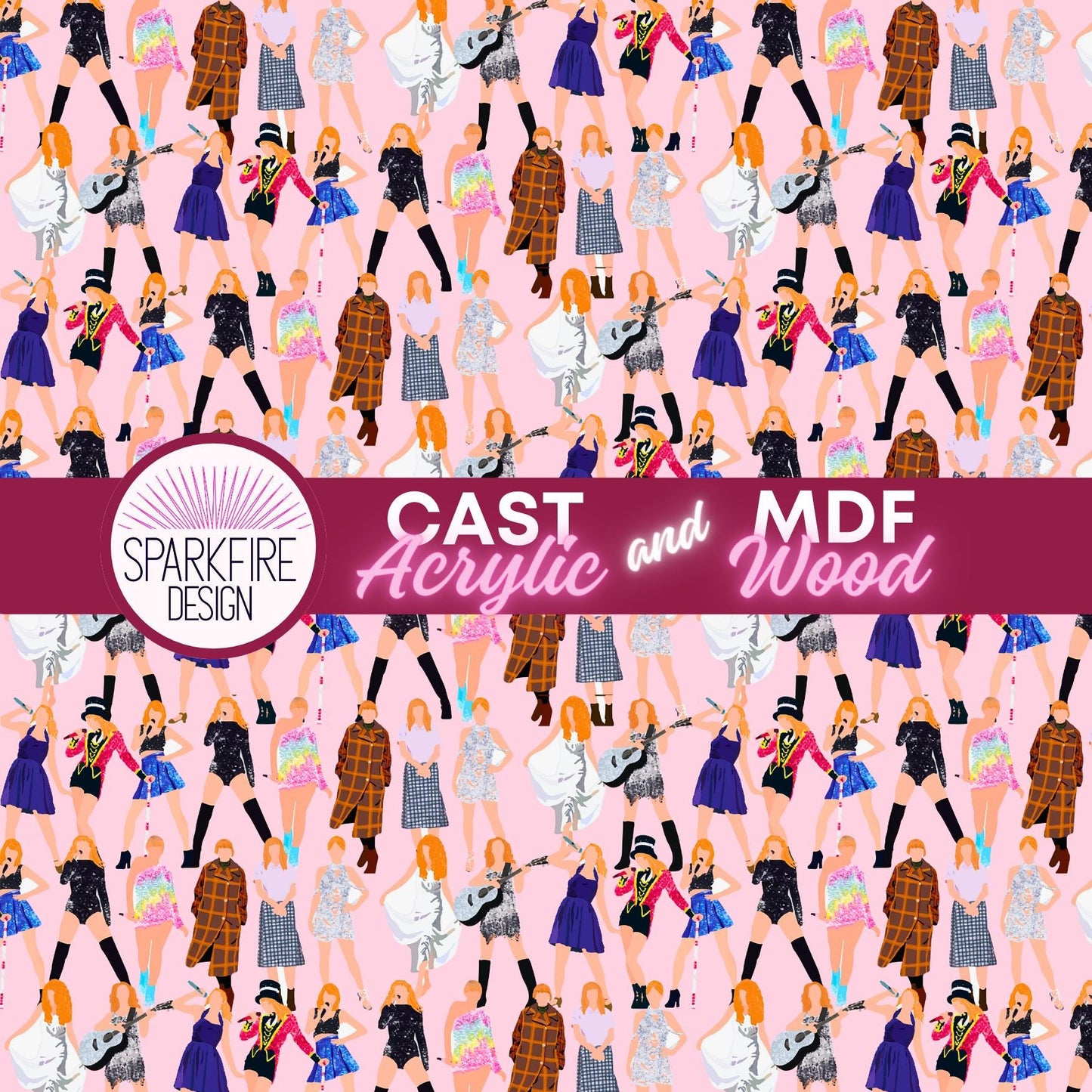 a pink background with a lot of women in dresses