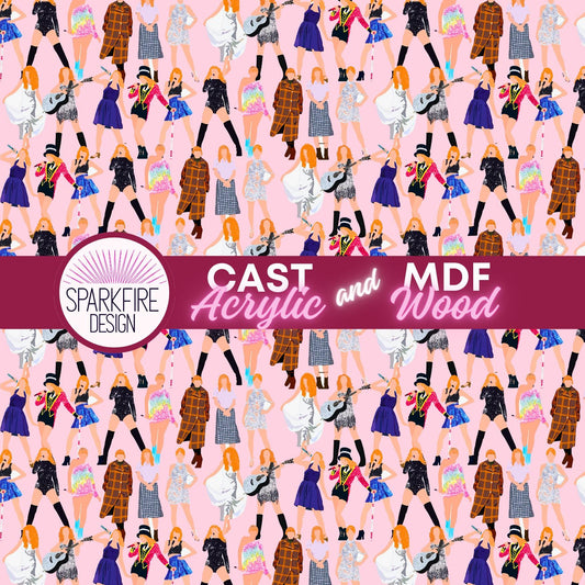 a pink background with a lot of women in dresses