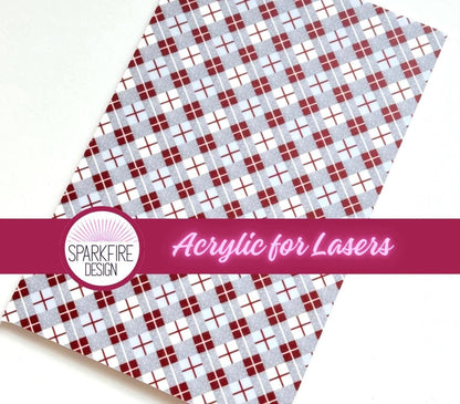 Plaid Patterned Acrylic | Red Gray Plaid Cast White Core Sheet for Laser Cutting Patterned Cast Acrylic, Flex and Wood for Lasers