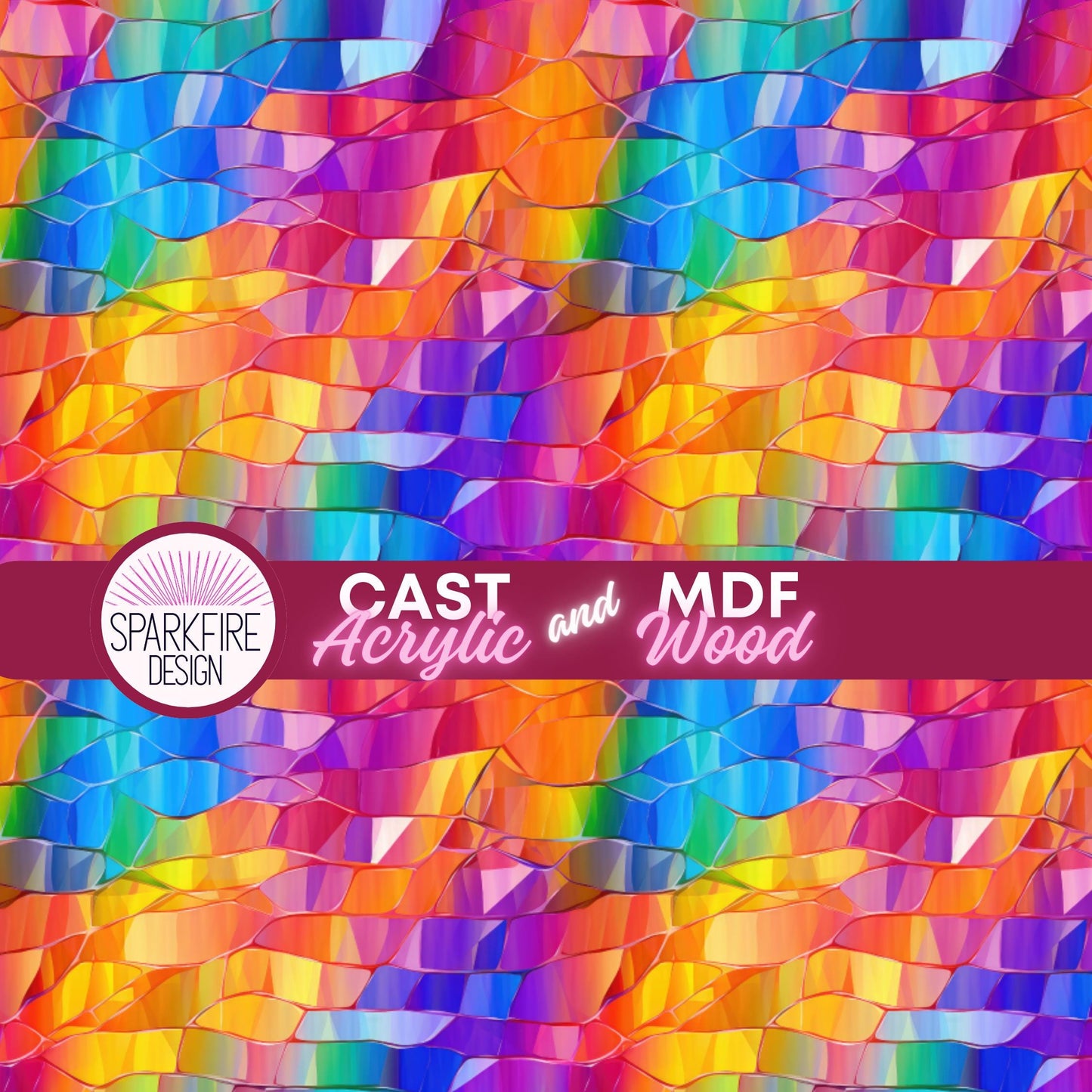 Bright Rainbow Stained Glass Patterned Cast Acrylic, Flex and Wood for Lasers