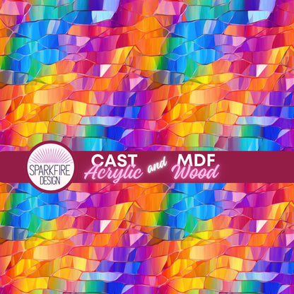 Bright Rainbow Stained Glass Patterned Cast Acrylic, Flex and Wood for Lasers