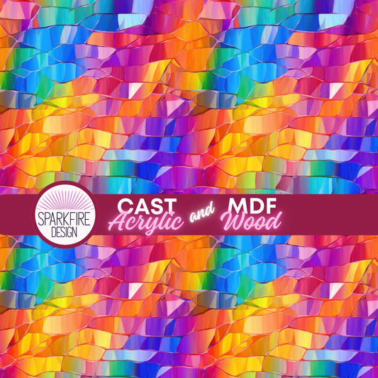 Bright Rainbow Stained Glass Patterned Cast Acrylic, Flex and Wood for Lasers