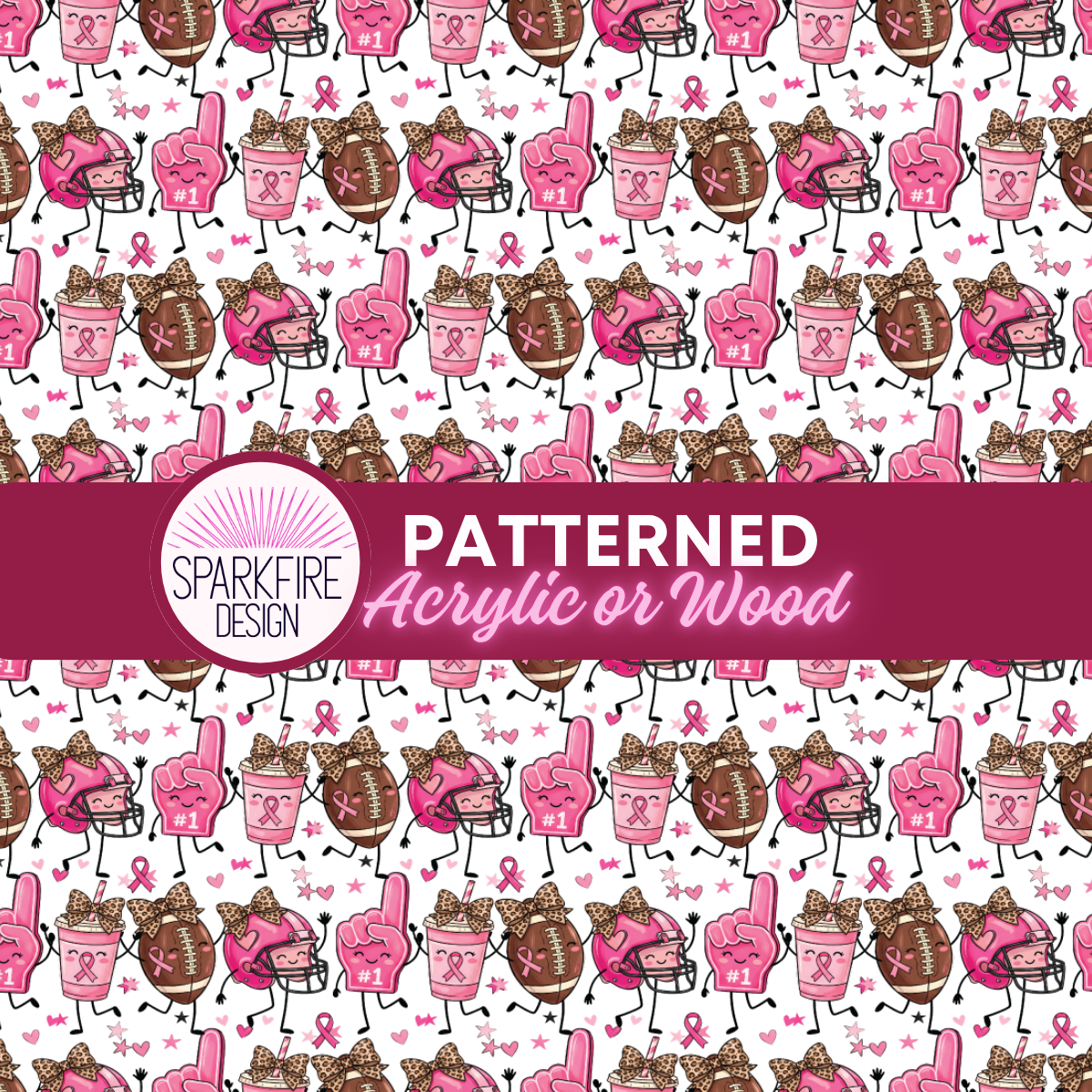 The image is a repeating pattern of various pink and brown objects, including footballs, cups, and other playful figures, arranged in a grid-like layout. The pattern is designed to be visually appealing and includes a variety of shapes and sizes, creating a sense of movement and dynamism.