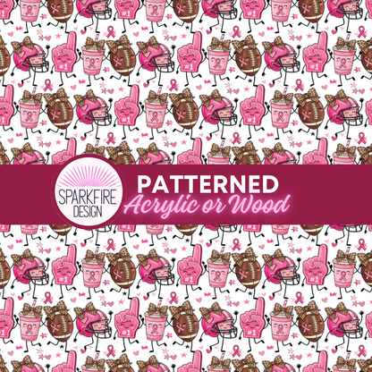 The image is a repeating pattern of various pink and brown objects, including footballs, cups, and other playful figures, arranged in a grid-like layout. The pattern is designed to be visually appealing and includes a variety of shapes and sizes, creating a sense of movement and dynamism.