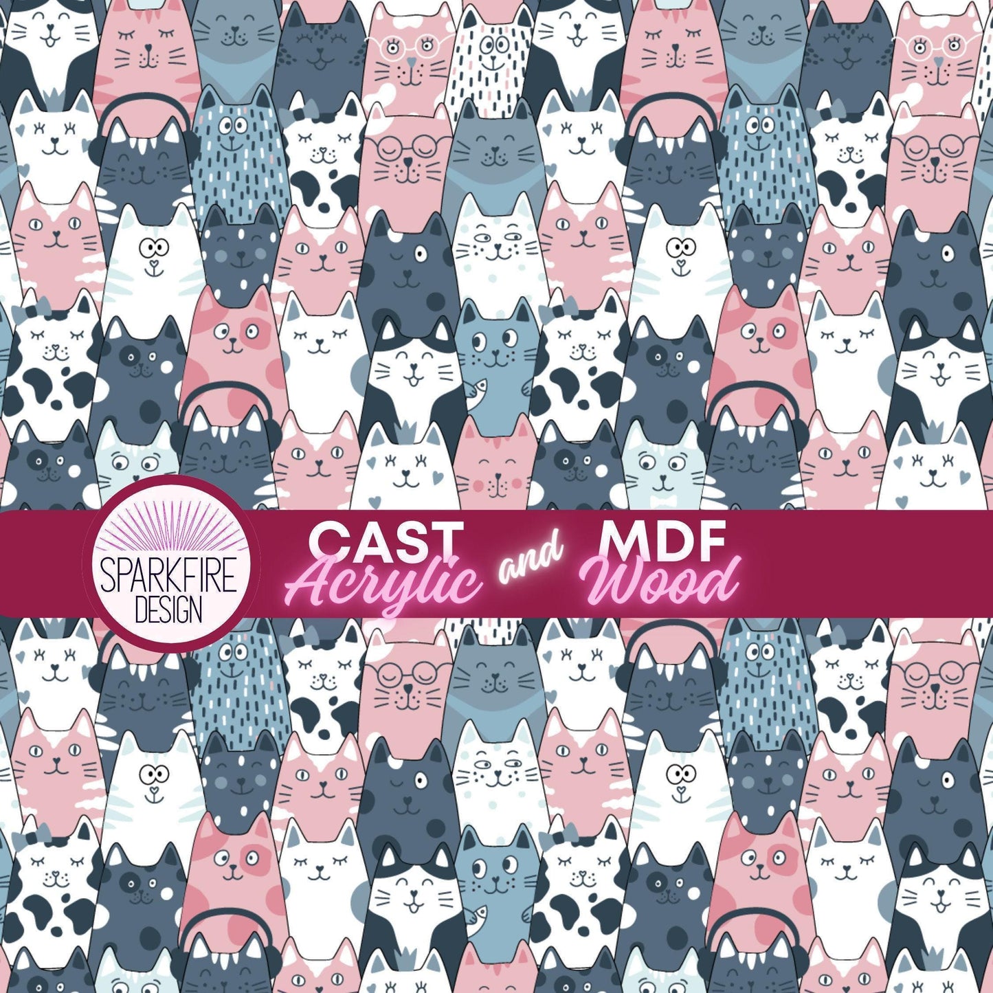 The image is a repeating pattern of various cat illustrations in different colors and styles, creating a visually appealing and playful design.