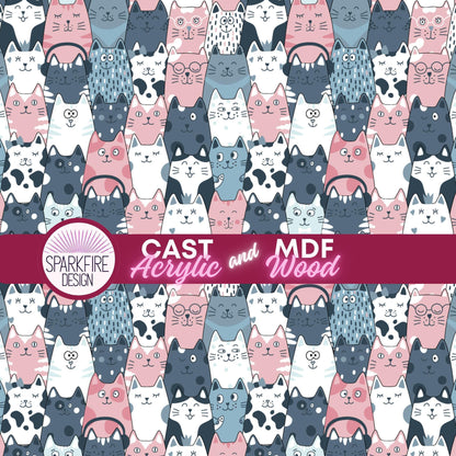 The image is a repeating pattern of various cat illustrations in different colors and styles, creating a visually appealing and playful design.