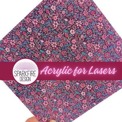 UV Printed Acrylic Sheet – Purple Glitter Core Floral Patterned Laser Jewelry Making 6x6 3mm Patterned Cast Acrylic, Flex and Wood for Lasers