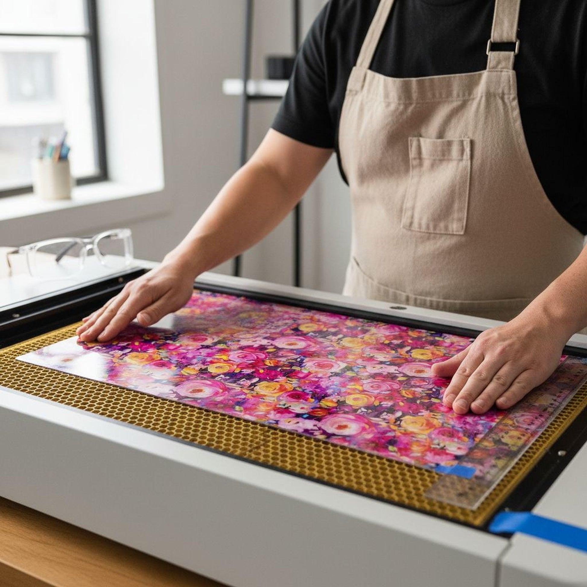 A person is working on a large piece of paper with a colorful floral pattern, using a machine to transfer the design onto the paper.