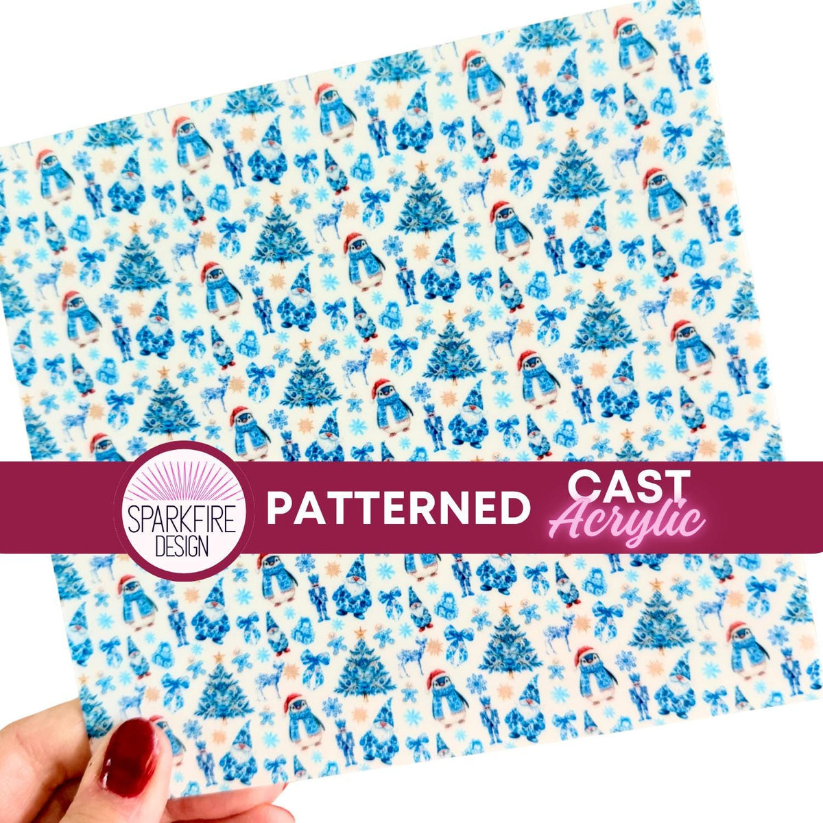 Blue Christmas Patterned Cast White Core Acrylic, Chinoiserie Patterned Acrylic Sheet,  Acrylic for Lasers, Christmas Acrylic, Xmas