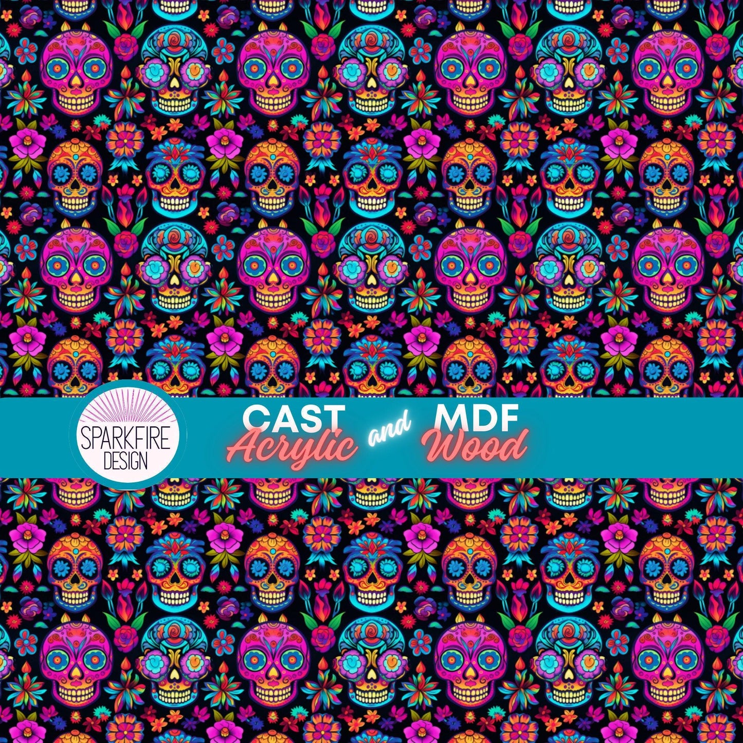 a colorful background with skulls and flowers