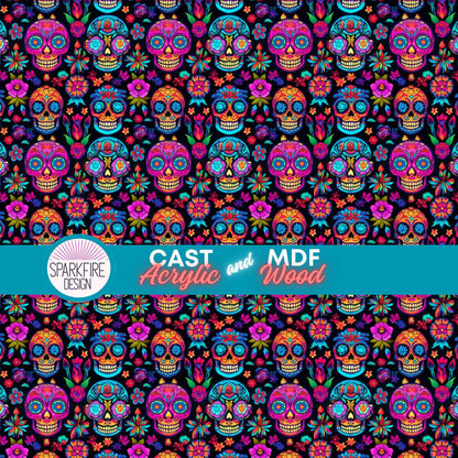 a colorful background with skulls and flowers