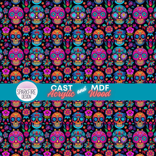 a colorful background with skulls and flowers