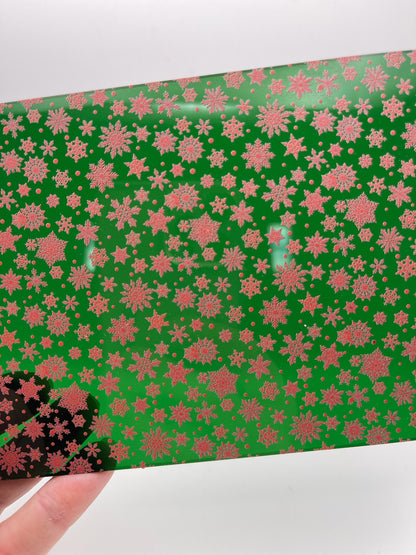 Red Snowflakes on Transparent Green Acrylic  for Lasers, Patterned Acrylic, Acrylic for Jewelry and Cup Toppers