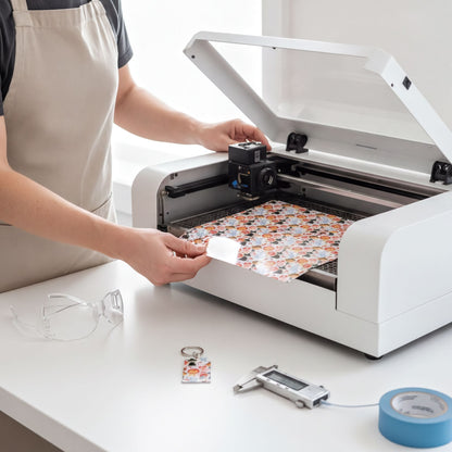 A person is using a white laser cutter to cut a patterned material, likely a piece of paper or fabric, on a white table.