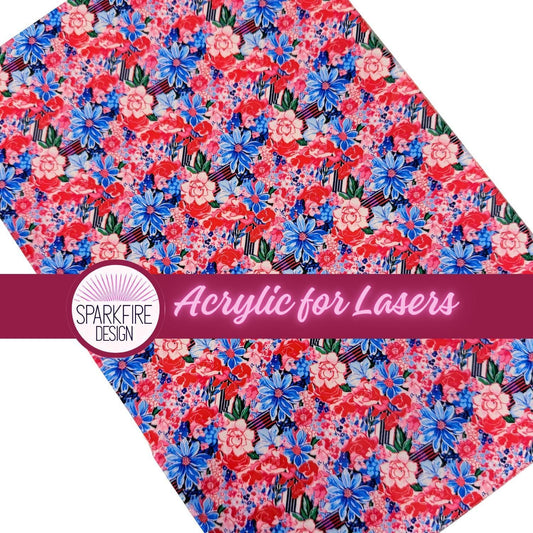 Patterned Acrylic Sheet - 12x8 Clear Cast Acrylic Panel | Preppy Floral 4th Of July Design Patterned Cast Acrylic, Flex and Wood for Lasers